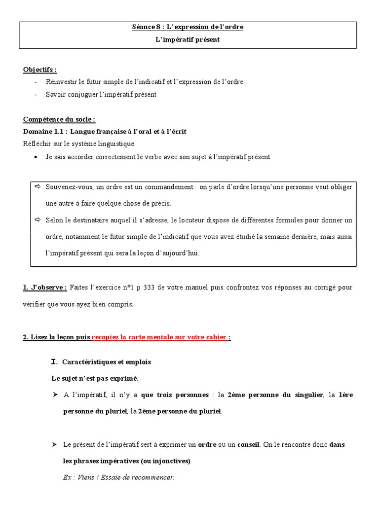 L impératif Présent Exercices Corrigés 6ème Seance 8 L Imperatif Present-3 | PDF | Linguistique | Morphologie