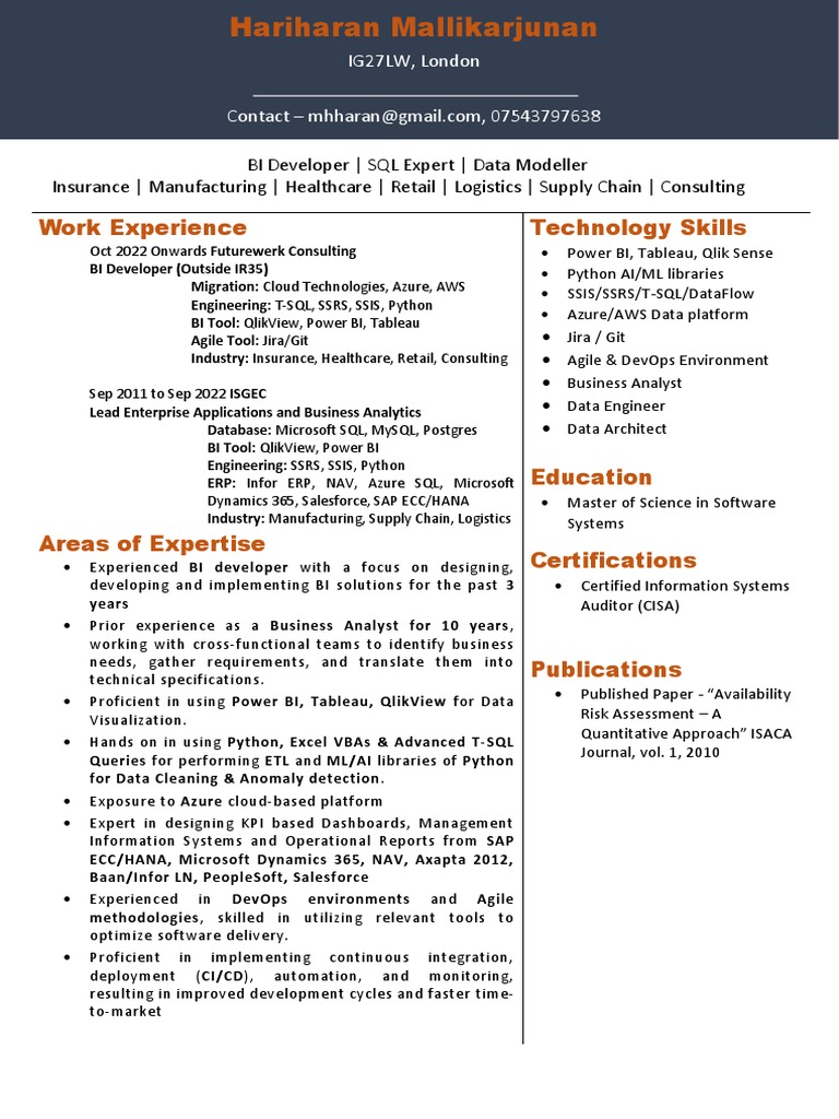 Hariharan BI Developer SQL Expert Data Modeller | PDF | Information ...