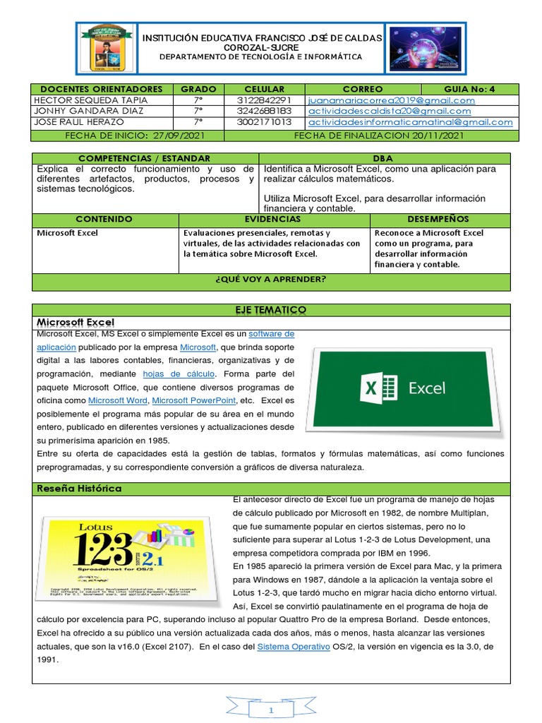 Guía de Aprendizaje: Microsoft Excel 7º | PDF