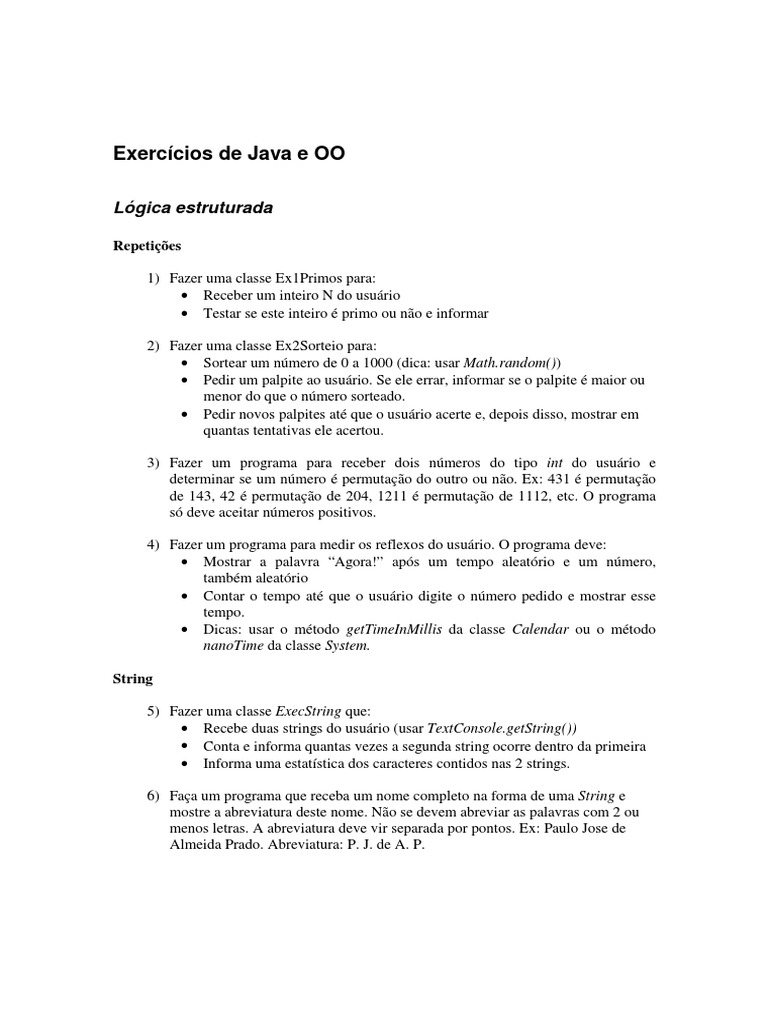 Exercicios Java Orientado A Objetos | PDF | Classe (programação de ...