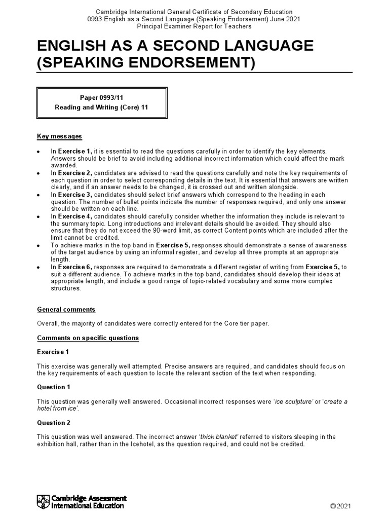 June 2021 Examiner Report PDF English As A Second Or Foreign Language Question