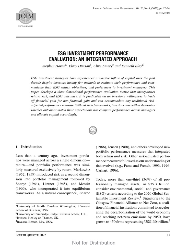 ESG INVESTMENT PERFORMANCE Analysis PDF Investment Management