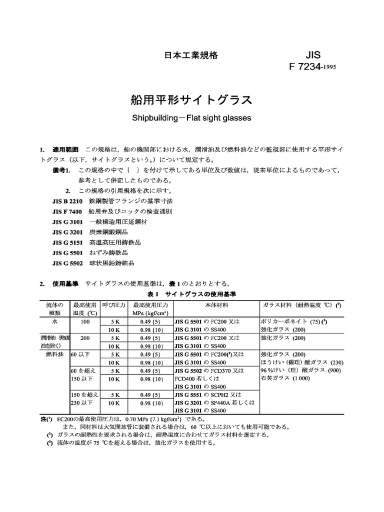 JIS F7234-1995 Shipbuilding Flat Sight Glasses | PDF