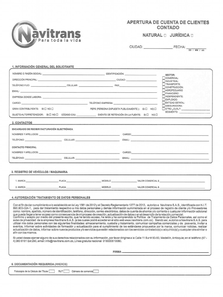 Formato Apertura Cliente Contado Navitrans | PDF