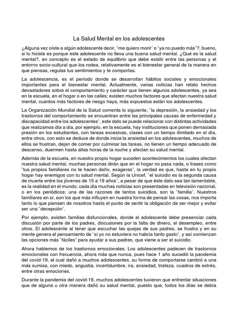La Salud Mental en Los Adolescentes | PDF | Mente | Salud mental