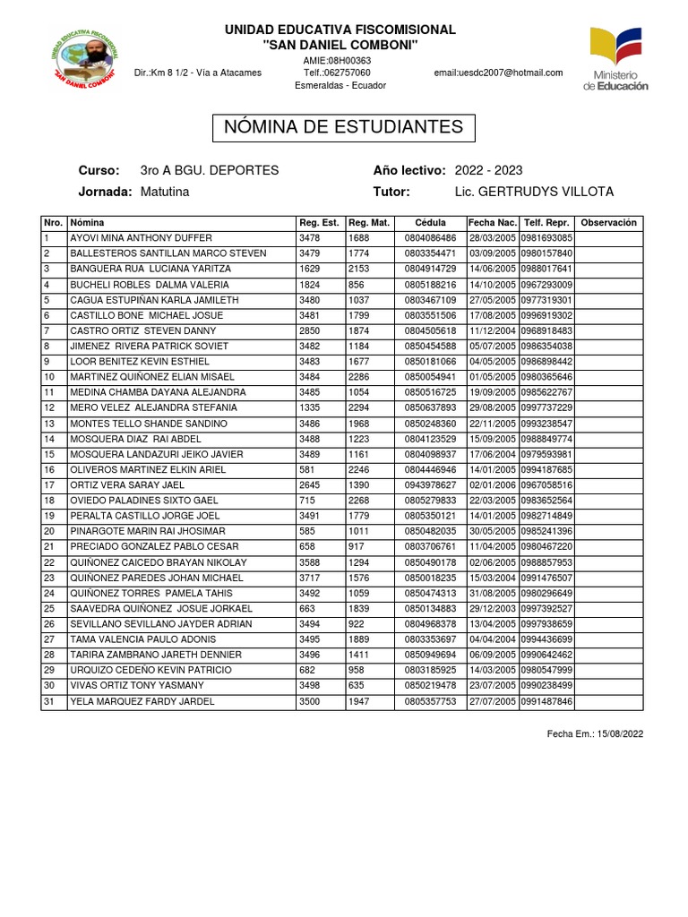 Lista de Estudantes 3ro A BGU 2022-2023 | PDF