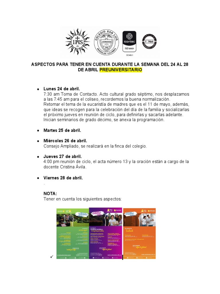 Semana Del 24 Al 28 de Abril | PDF
