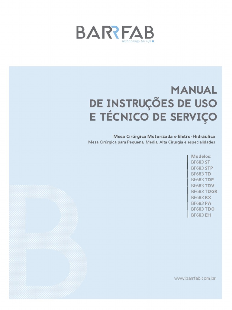 Manual da Mesa Cirúrgica Barrfab BF683 | PDF | Aço | Cirurgia