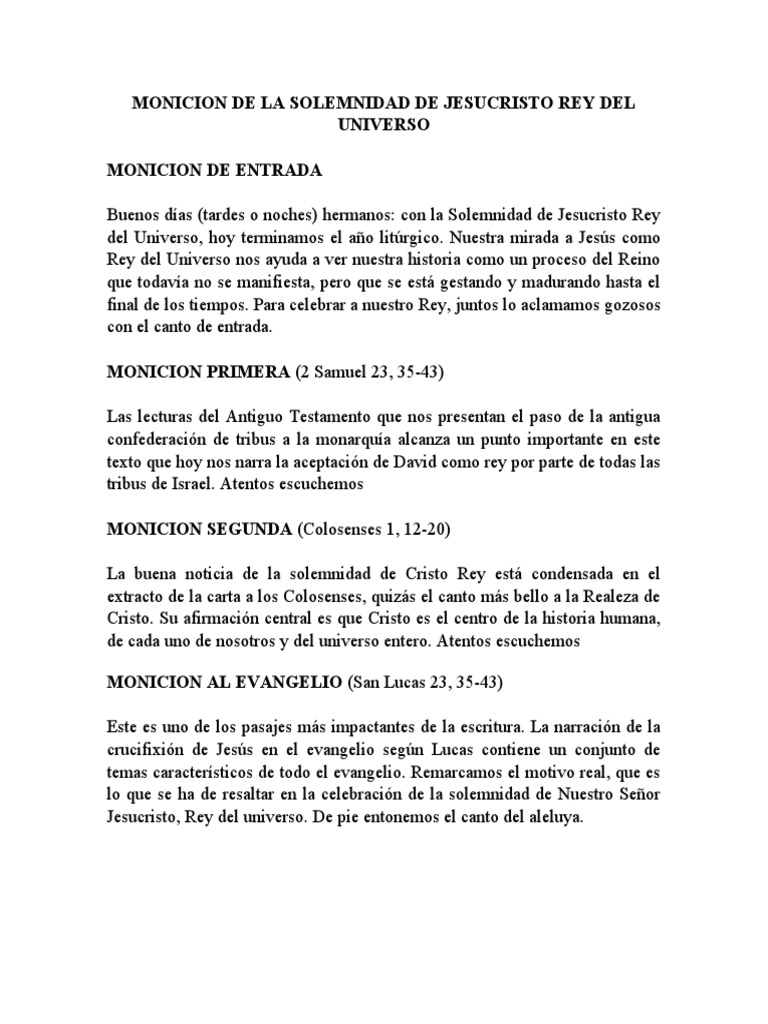 Monicion de La Solemnidad de Jesucristo Rey Del Universo | PDF | Misa ...