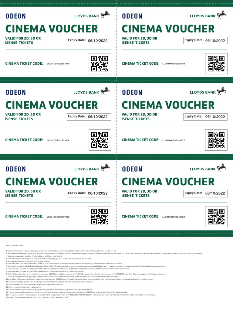 Club Lloyds Cinema Vouchers 0 PDF Movie Theater Ticket (Admission)