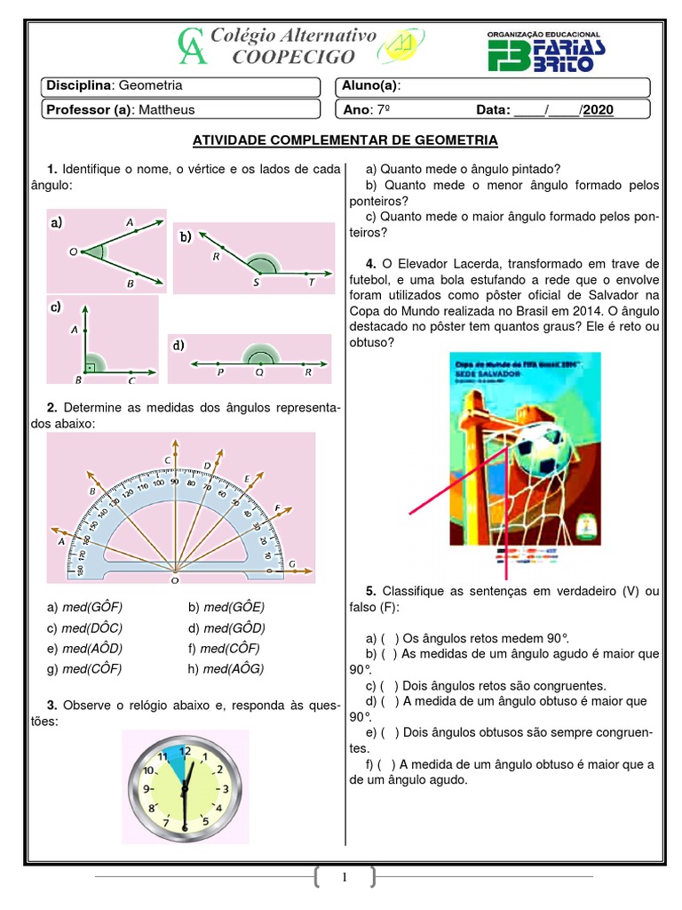 Angulos Atividades | PDF | Ângulo | Medição geométrica