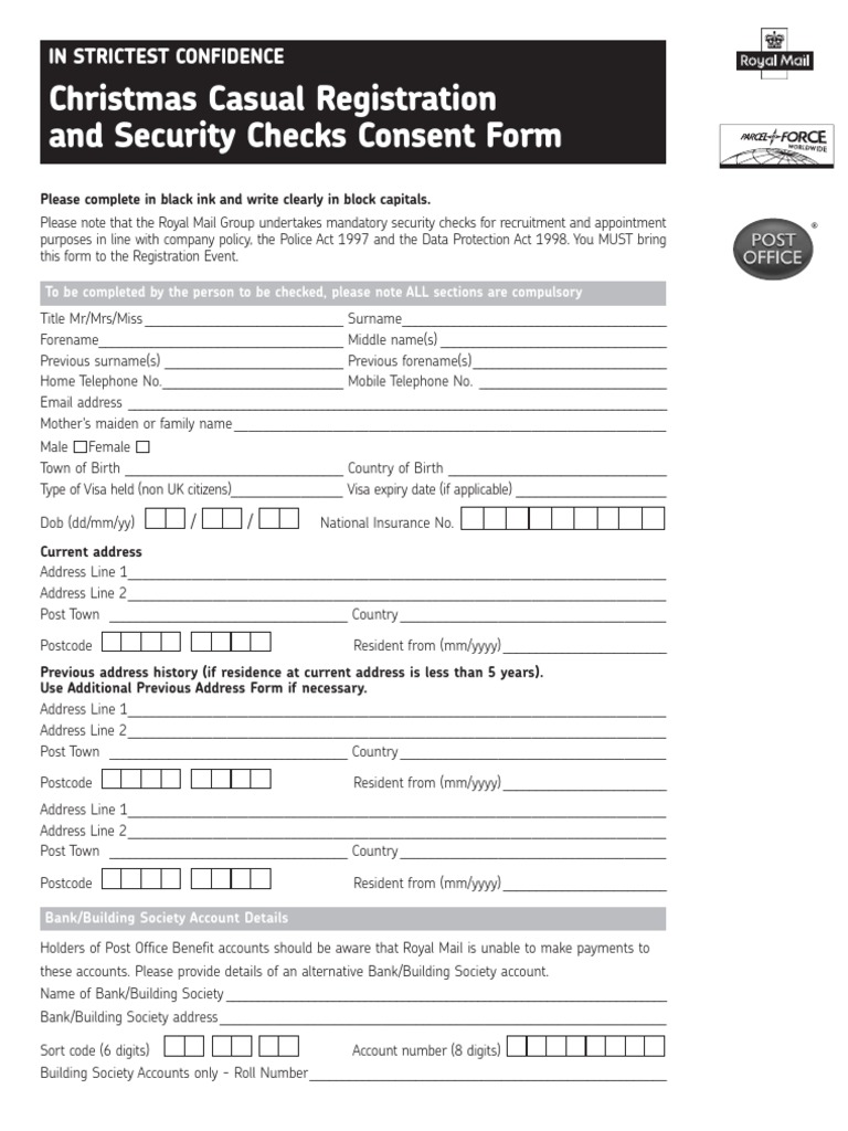 Royal Mail Christmas Casual Registration Pack Identity Document