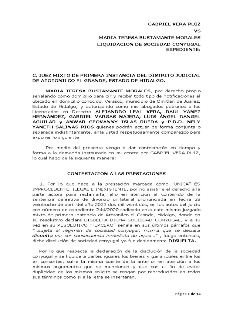 1 Contestacion Demanda de Liquidacion de Sociedad Conyugal | PDF ...