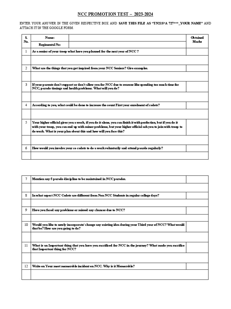 NCC Promotion Test Questions 2023-24 | PDF | Career & Growth