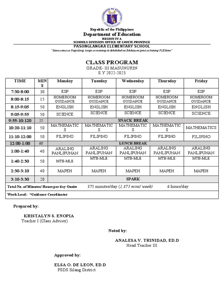 Grade 3 Class Program for Pasonlangka Elementary School PDF