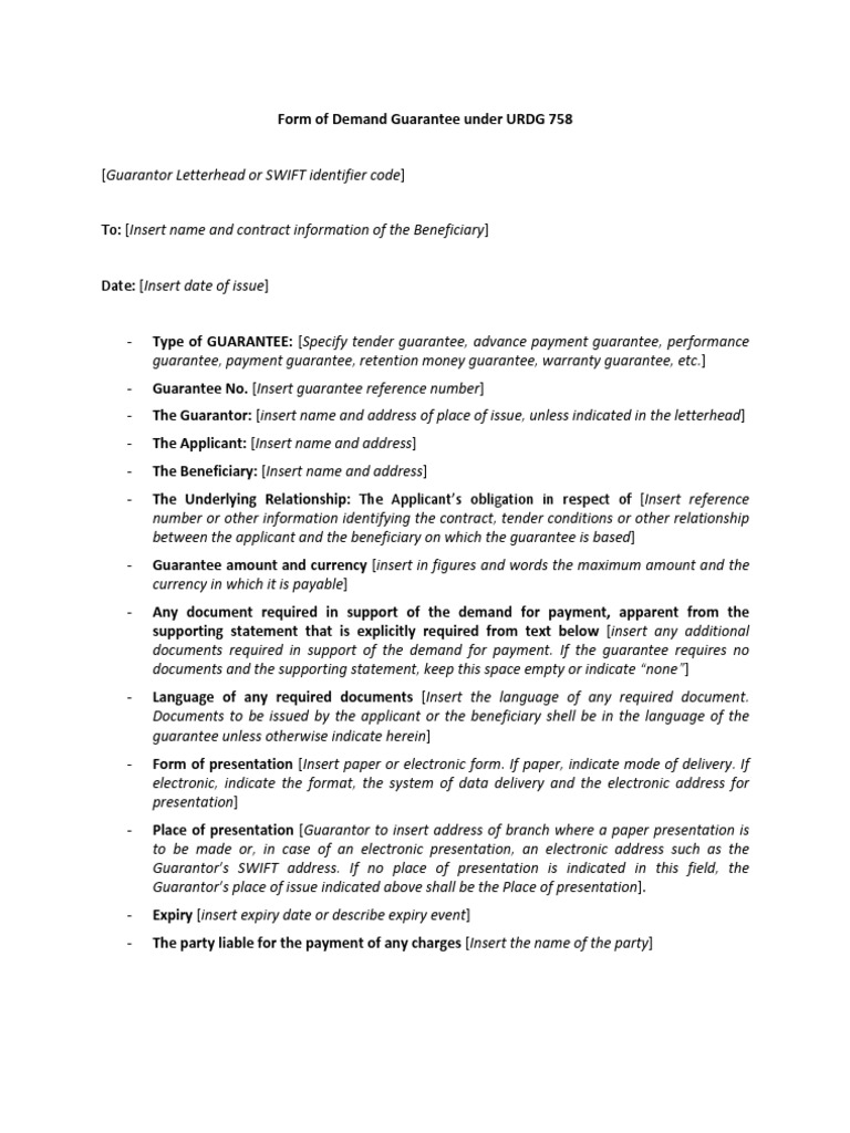 Form of Demand Guarantee Under URDG 758 PDF Guarantee Payments