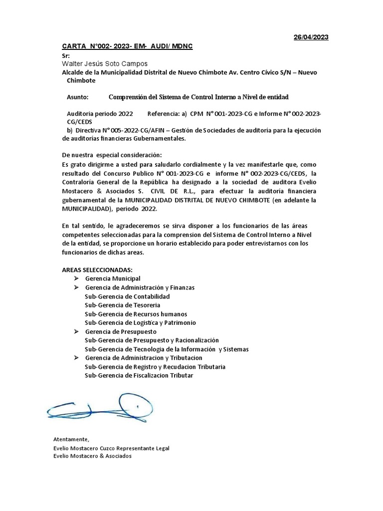 Carta de Comprension Del Control Interno A Nivel de Entidad | PDF ...