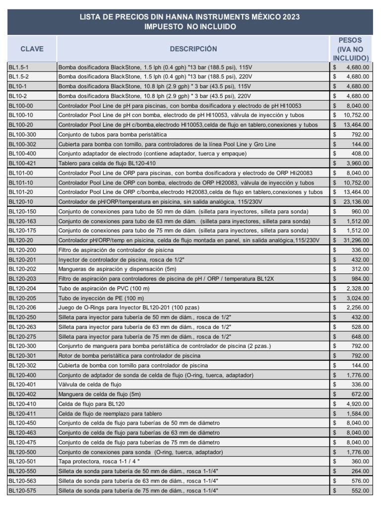 Lista de Precios Din Hanna Instruments México 2023 Impuesto No Incluido, PDF, Par termoeléctrico