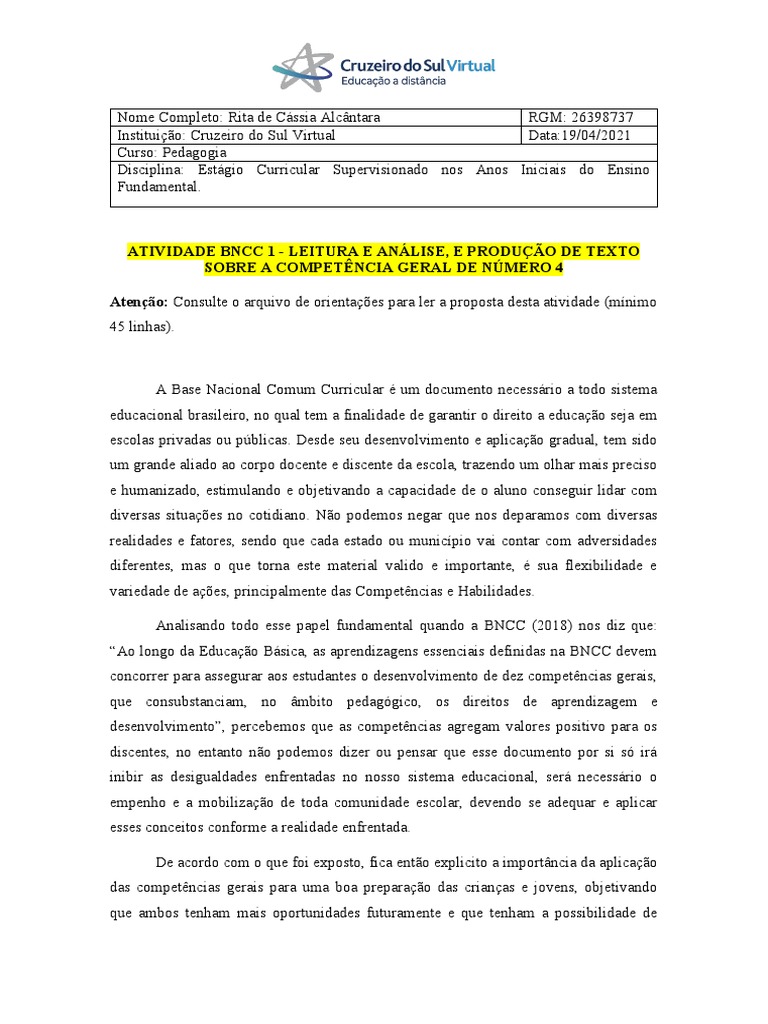 Template ATIVIDADE BNCC 1 PDF Pedagogia Aprendizado