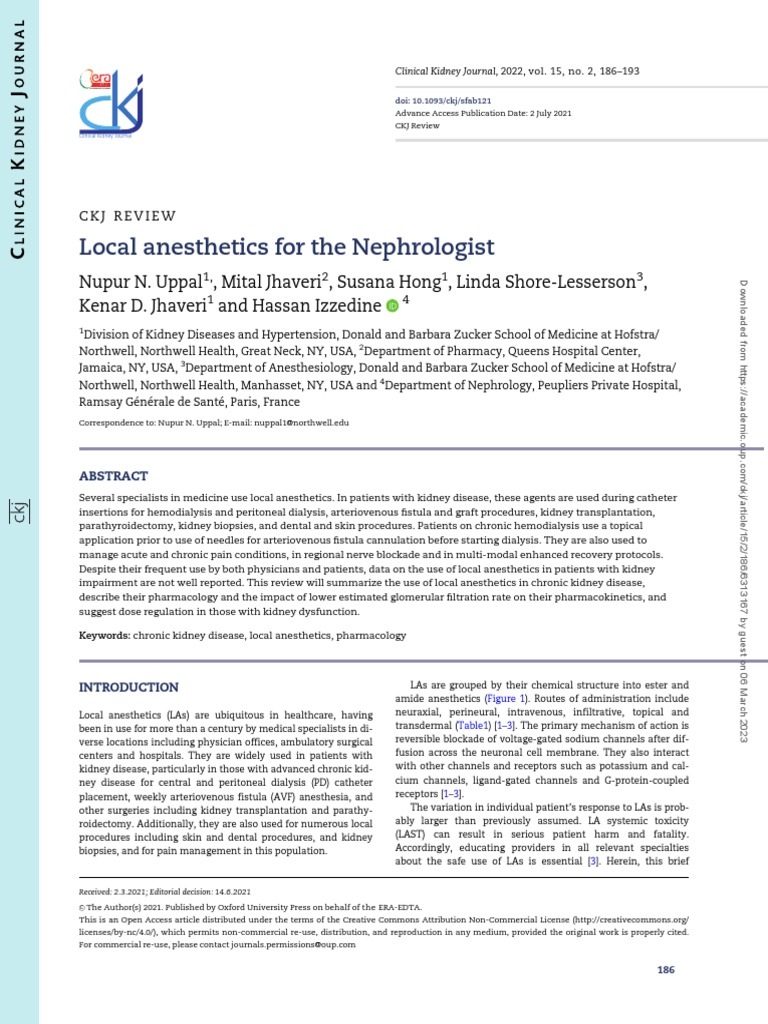 Local Anesthetics For The Nephrologist PDF Chronic Kidney Disease