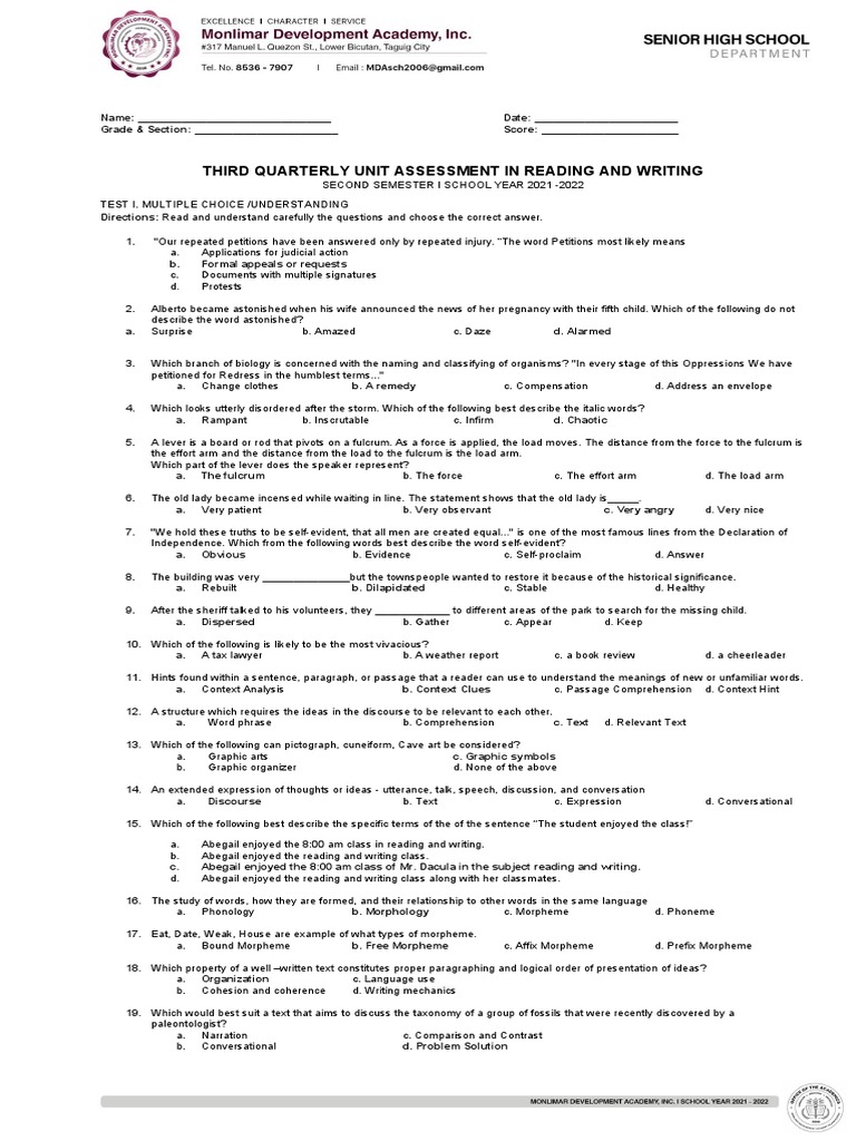 3RD Quarterly Unit Assessment in Reading and Writing PDF Reading
