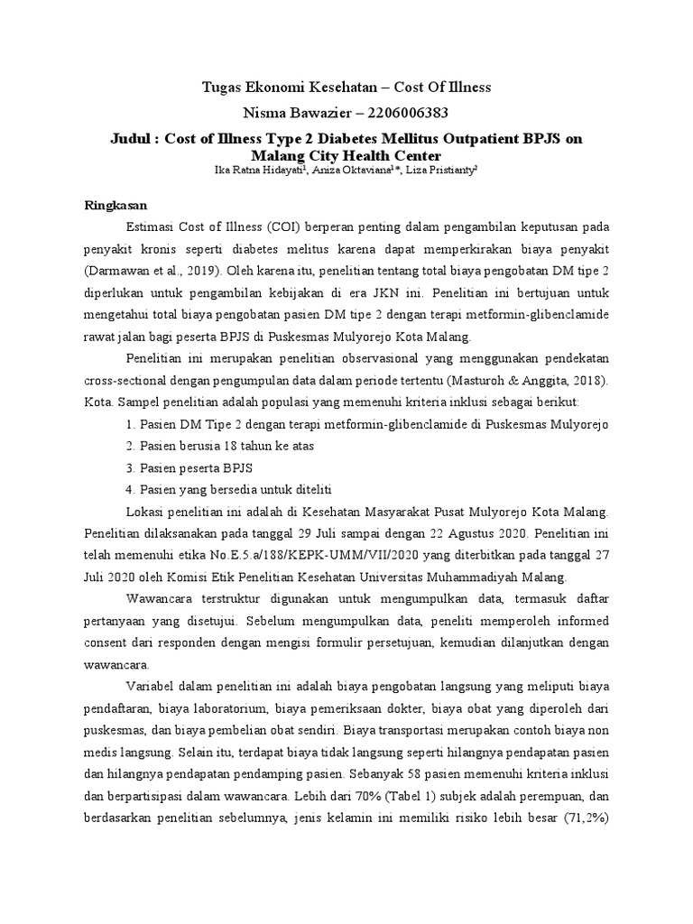 Judul: Cost of Illness Type 2 Diabetes Mellitus Outpatient BPJS On ...