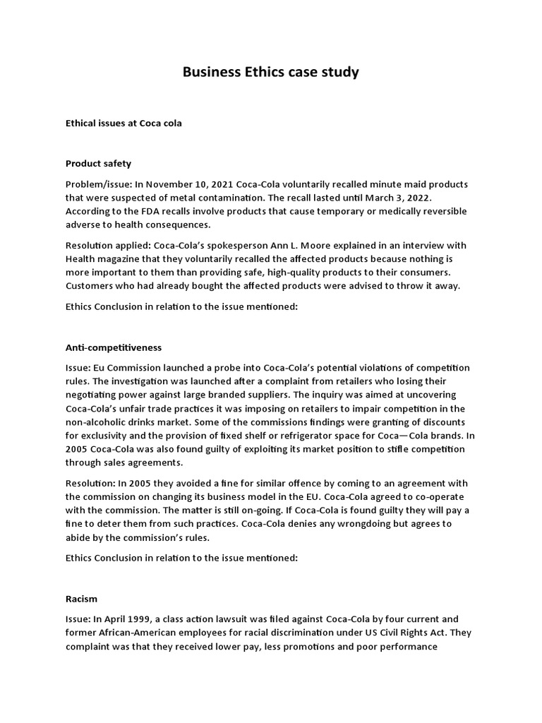 Business Ethics Case Study Ethical Issues at Coca Cola PDF Coca Cola The Coca Cola Company