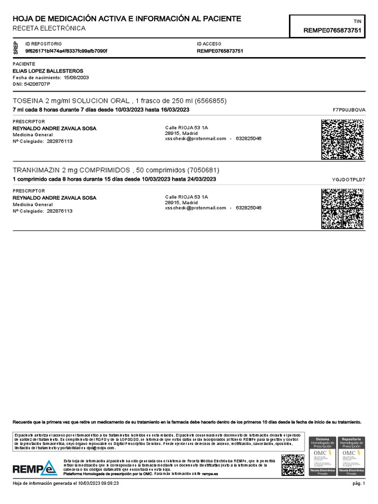 Hoja de Medicación Activa E Información Al Paciente TOSEINA 2 MG/ML SOLUCION ORAL, 1 Frasco de
