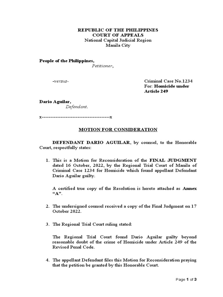 Motion for Reconsideration: Homicide Case | PDF | Government ...