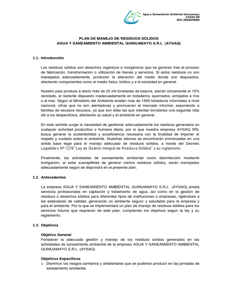 Plan de Saneamiento y Manejo de Residuos | PDF | Residuos | Saneamiento