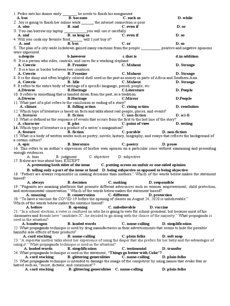 English Quiz For Quarter Exam Pdf