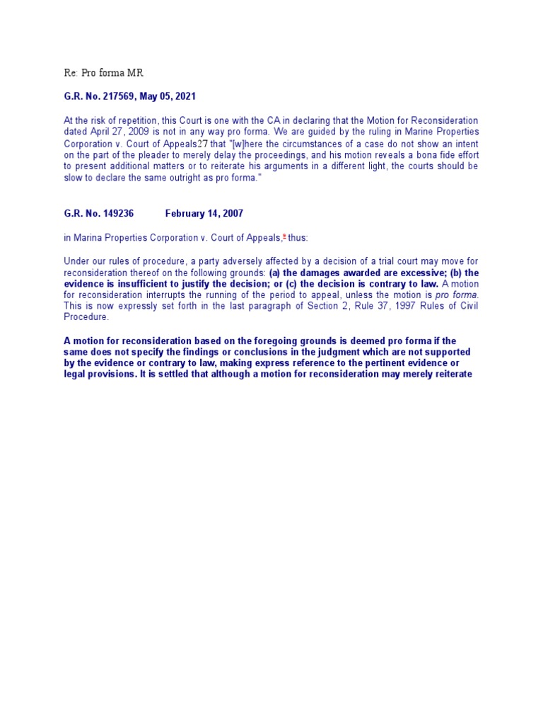 Jurisprudence On Pro Forma Motion For Reconsideration PDF