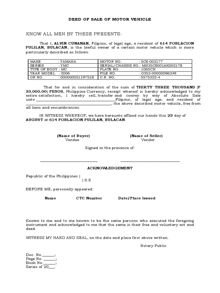 DEED OF SALE OF MOTOR VEHICLE 3 | PDF | Environmental Law | Civil Law ...