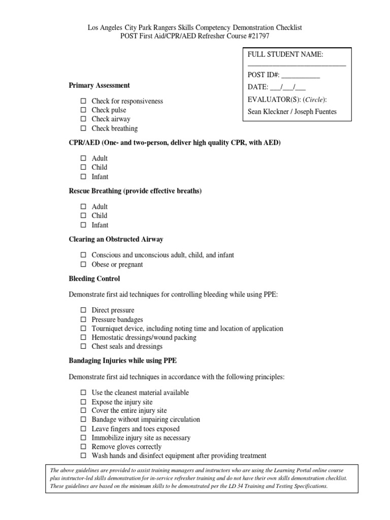 Park Rangers First Aid Skills Checklist | PDF | First Aid ...