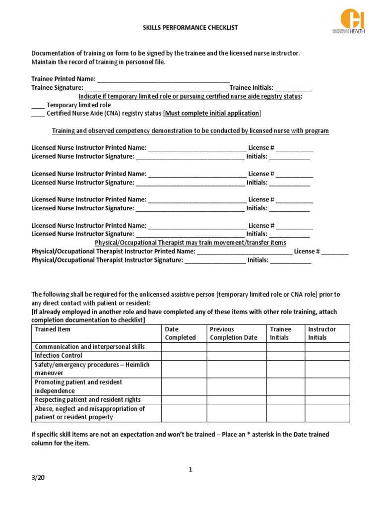CNA SkillsPerformanceChecklist | PDF | Nursing | Medicine