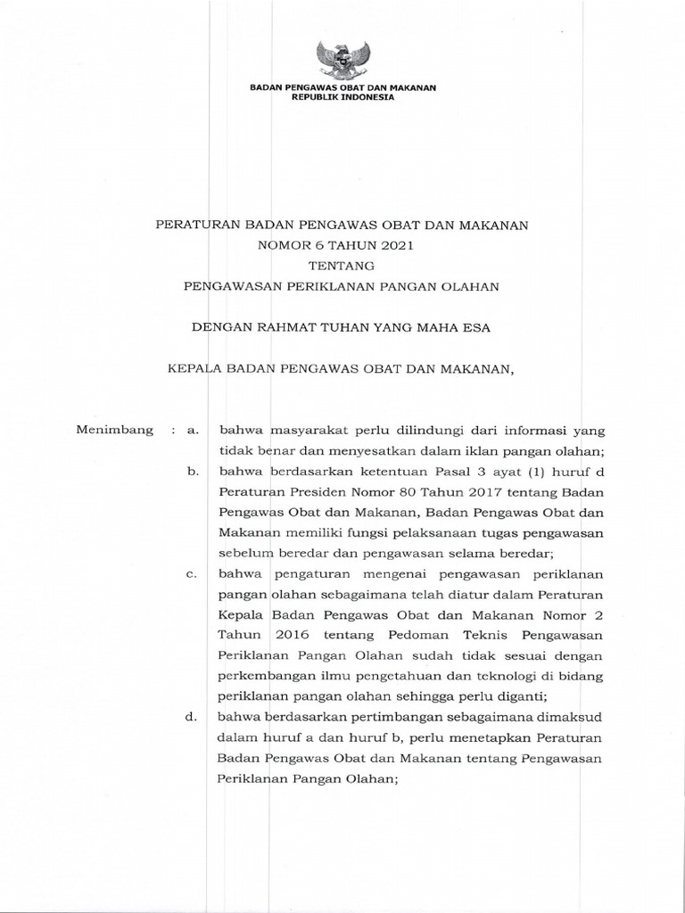 PerBPOM No.6 Tahun 2021 Tentang Pengawasan Periklanan Pangan Olahan | PDF