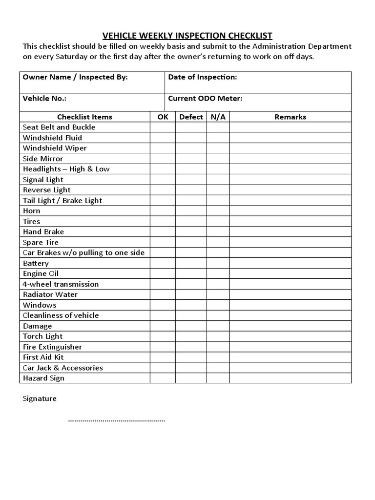 Weekly Vehicle Inspection Checklist | PDF | Business