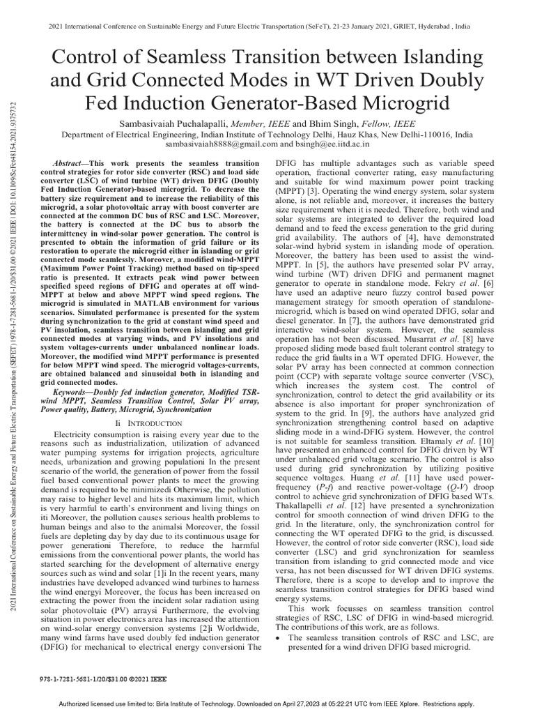 Control of Seamless Transition Between Islanding and Grid Connected