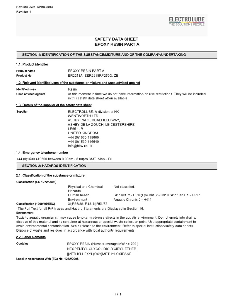 Safety Data Sheet Epoxy Resin Part A PDF Dangerous Goods Firefighting
