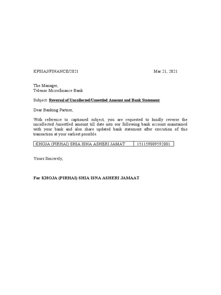 Reversal of uncollected unsettled amount and bank statement for khoja