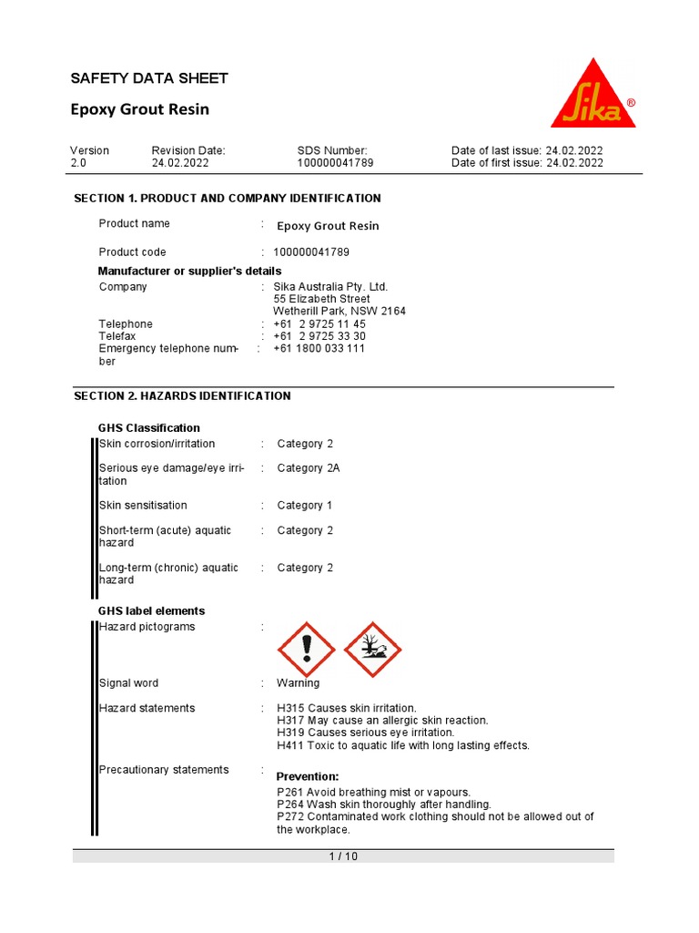 Epoxy Grout Resin PDF Dangerous Goods Toxicity