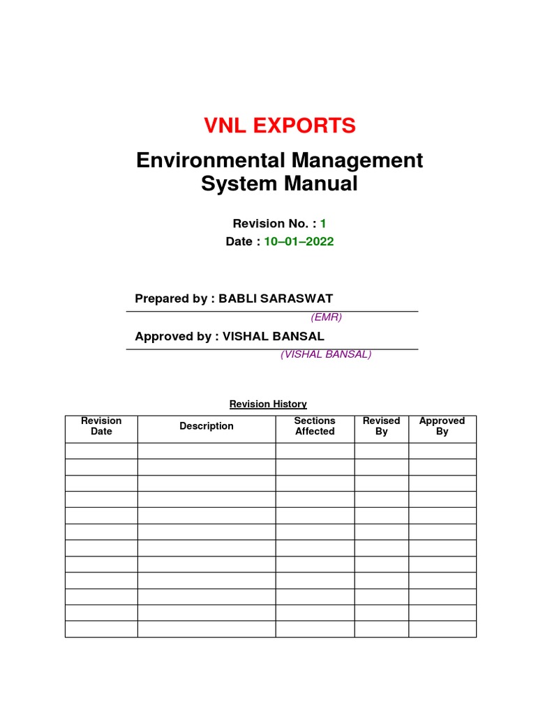 Environmental Management System Manual VNL Exports PDF Audit