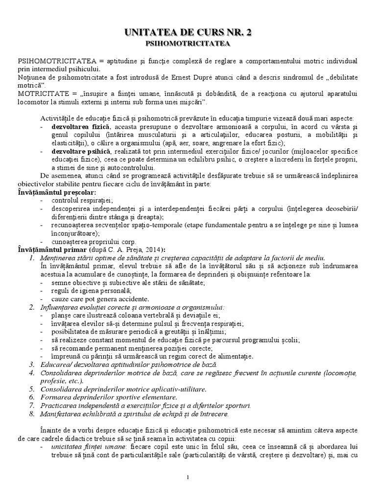 Curs 2 Componentele Psihomotricitatii | PDF