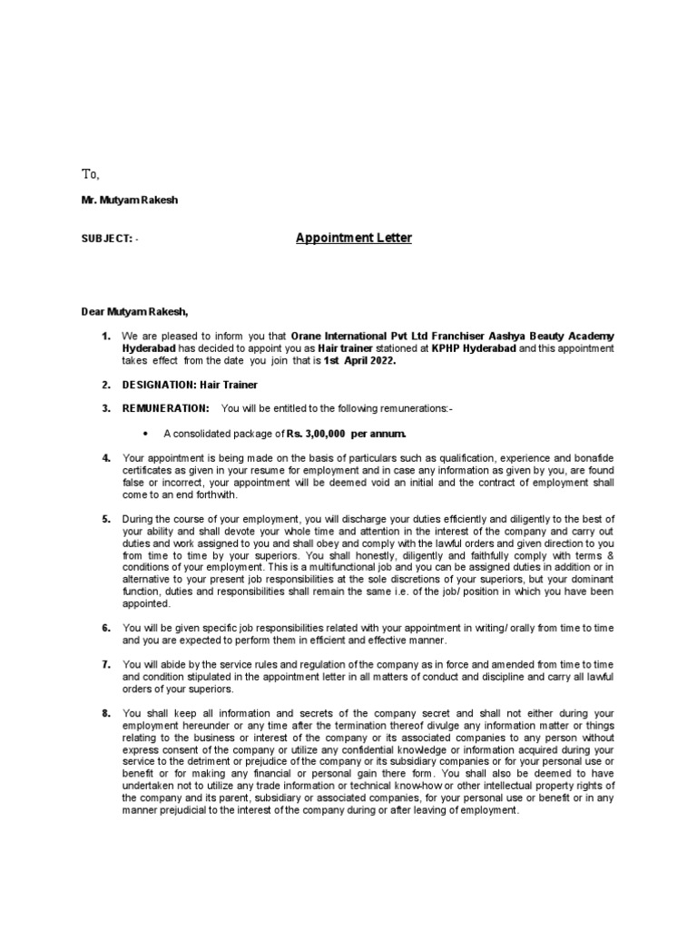 Appointment Letter - Rakesh | PDF | Justice | Crime & Violence