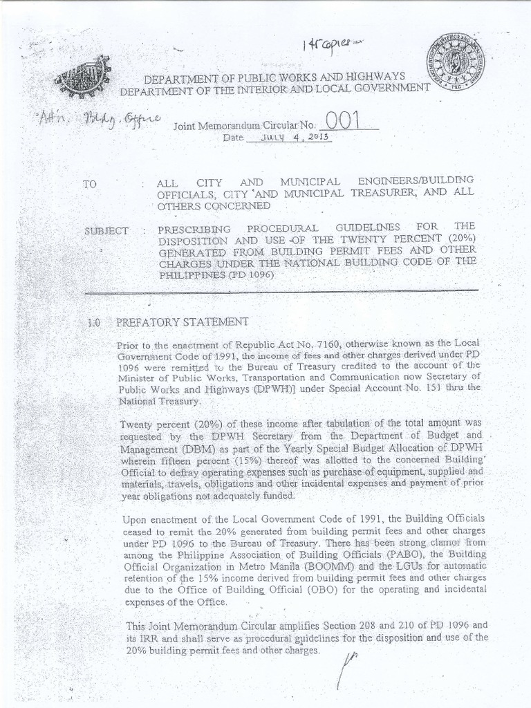 DPWH Guidelines on Building Permit Fees | PDF