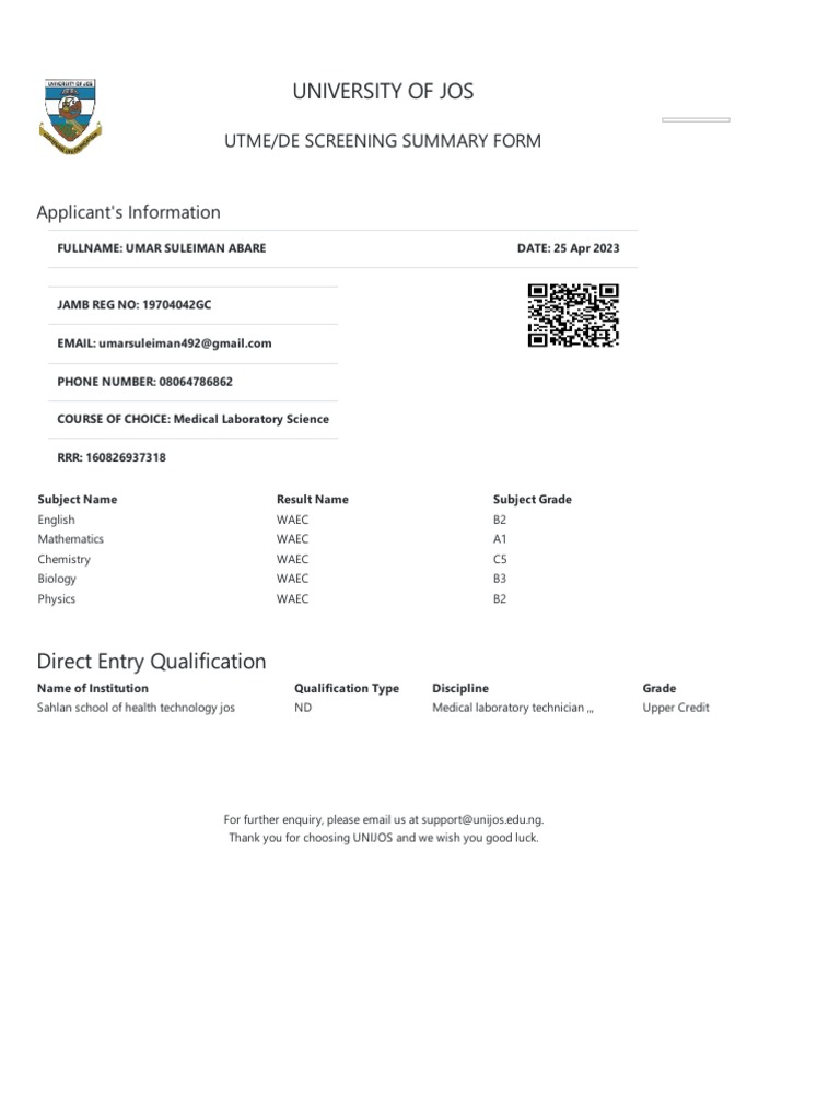 University of Jos: Utme/De Screening Summary Form | PDF