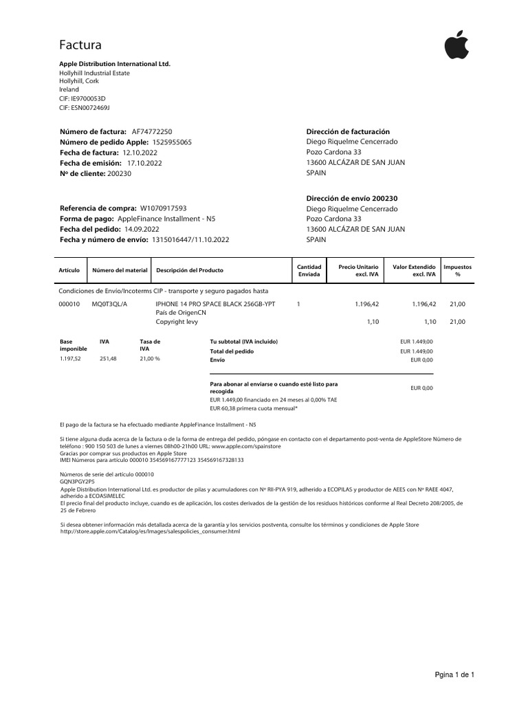Factura Apple Distribution International LTD PDF Factura Economias