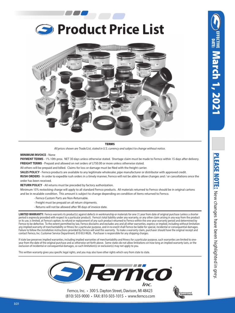 Fernco Pricelist 1-21-21 | PDF | Implied Warranty | Cargo
