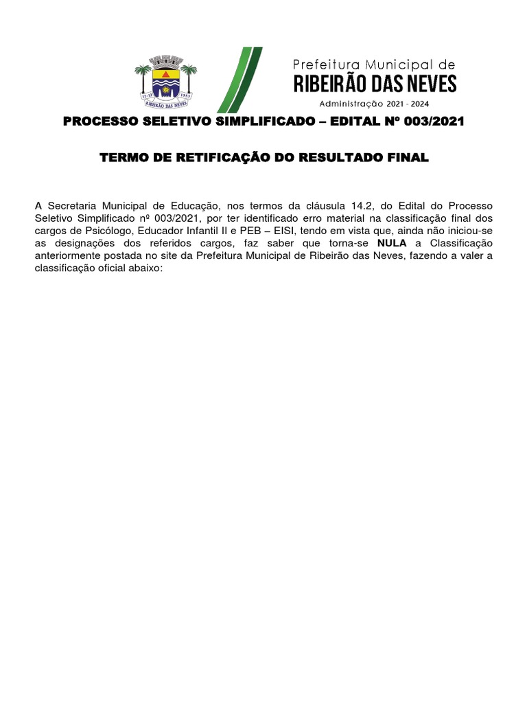 Processo Seletivo Simplificado - Edital #003/2021 Termo de Retificação ...