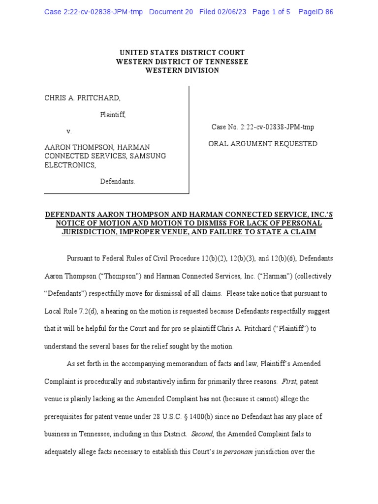 Pritchard V .Thompson Motion To Dismiss PDF Federal Rules Of